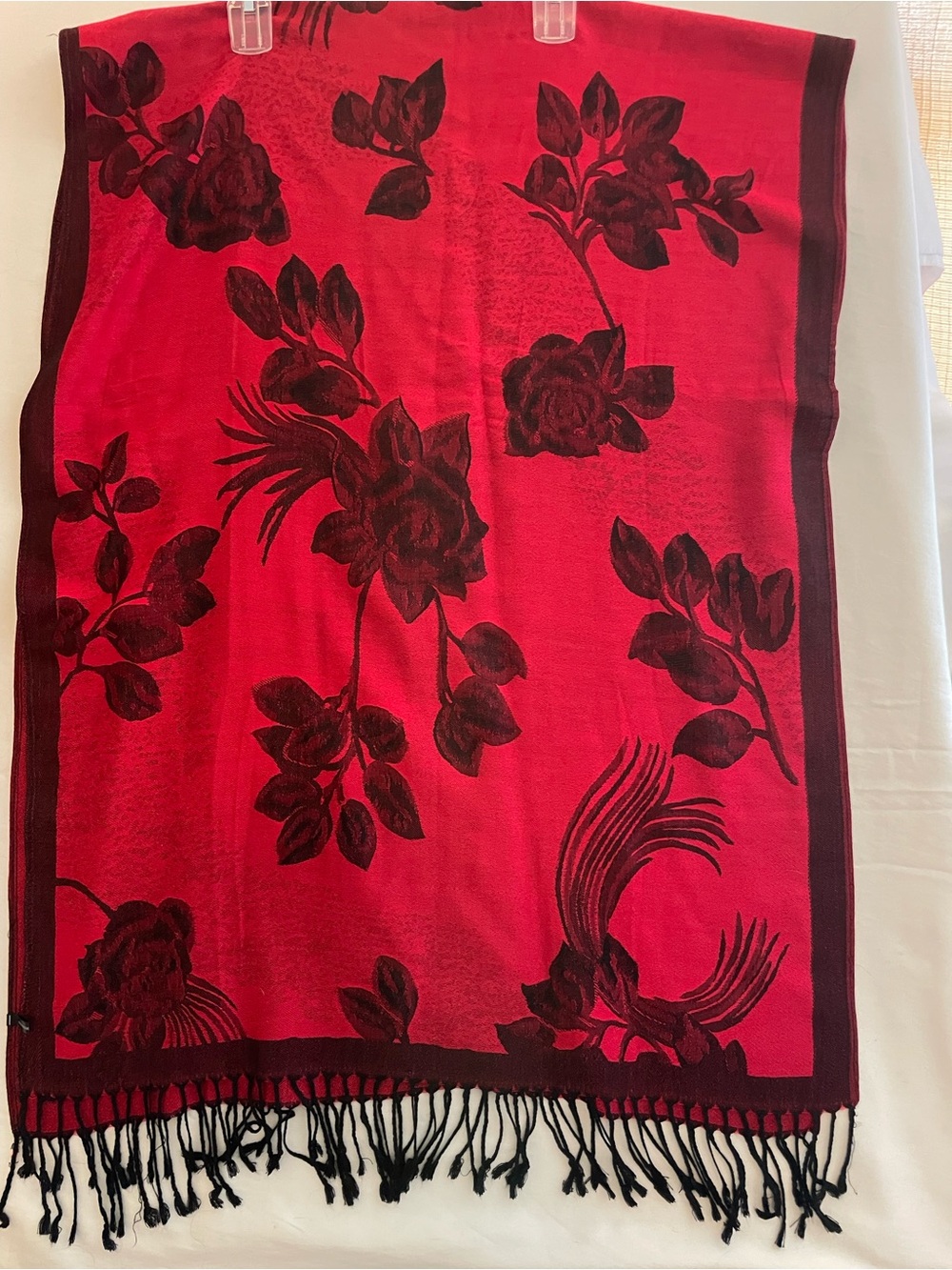 Floral Fringe Red Wrap Scarf